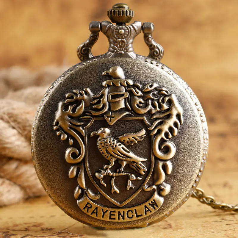 Vintage Bronze Eagle Ravenclaw Quartz Pocket Watch Necklace Retro