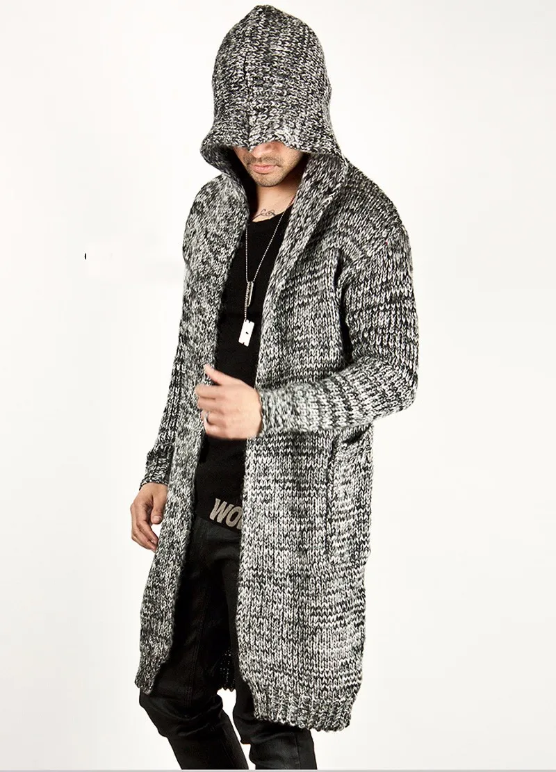 Трендовые Модные мужские теплые свитера, кардиган с капюшоном, вязанная длинная куртка, осенне-зимнее пальто, приталенные повседневные утепленные Топы