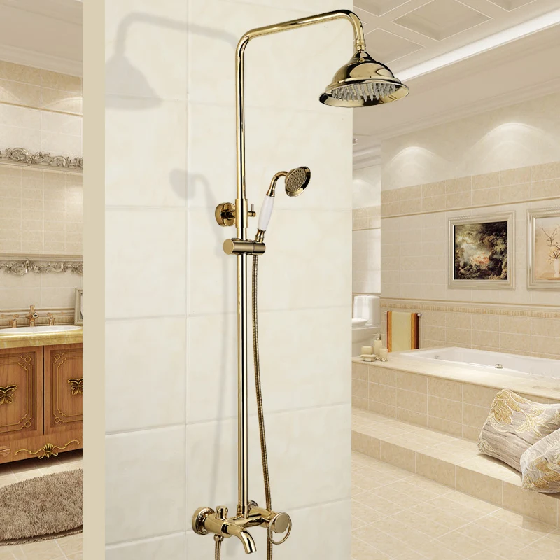 New Arrival Shower Set Gold Brass Rainfall Shower Faucet+Tub Mixer Tap