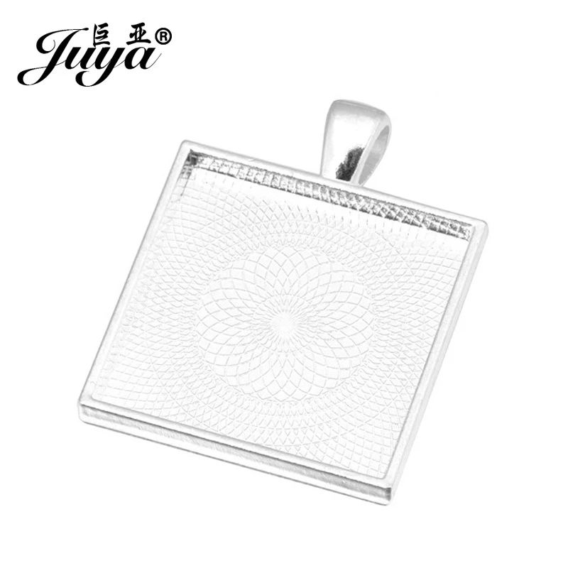 JUYA 10pcs/lot 25mm Square Cabochons Bases Settings Zinc Alloy Pendant Bezel Trays Fit 25mm Glass Cabochon DIY Necklace Making