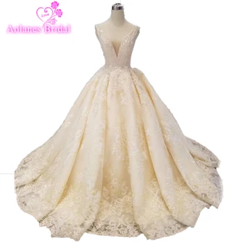 

Ball Wedding Dress Lace Beaded Belt V Neck Vestidos De Novia Sexy Wedding Gown Bridal Robe De Mariage 2019 Champagne Bridal Gown