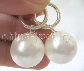 

Lovely Women's Wedding Jewelry EARRINGS shipping 16mm perfect round white sea shell pearl earring-925 SS Fine Factory direct