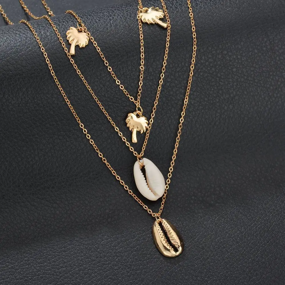 

2019 NEW summer ocean beach style 3 layers chain tassel coconut tree shell pendant statement sexy Choker Necklace women