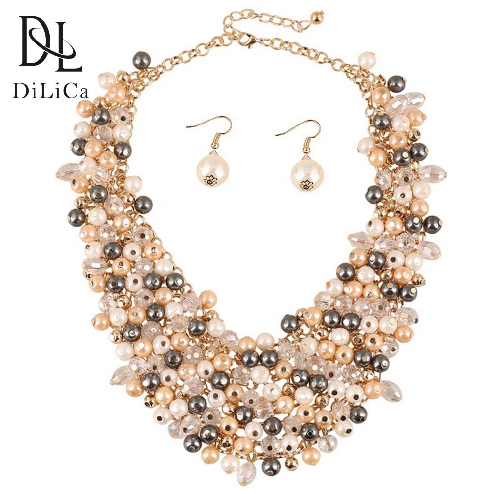 Declaración collar con cuentas de perla collar babero pendientes conjunto para Mujer Moda