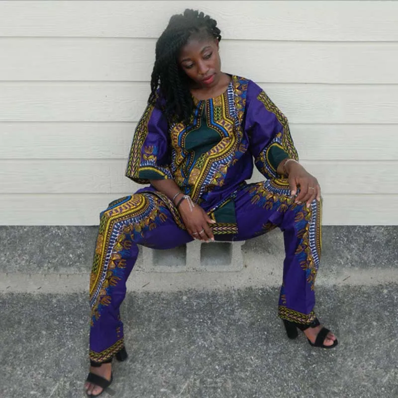 Летняя африканская одежда для женщин комплект из двух предметов традиционный принт наряд Половина рукава Свободные повседневные Дашики платье длинные брюки костюм - Цвет: purple