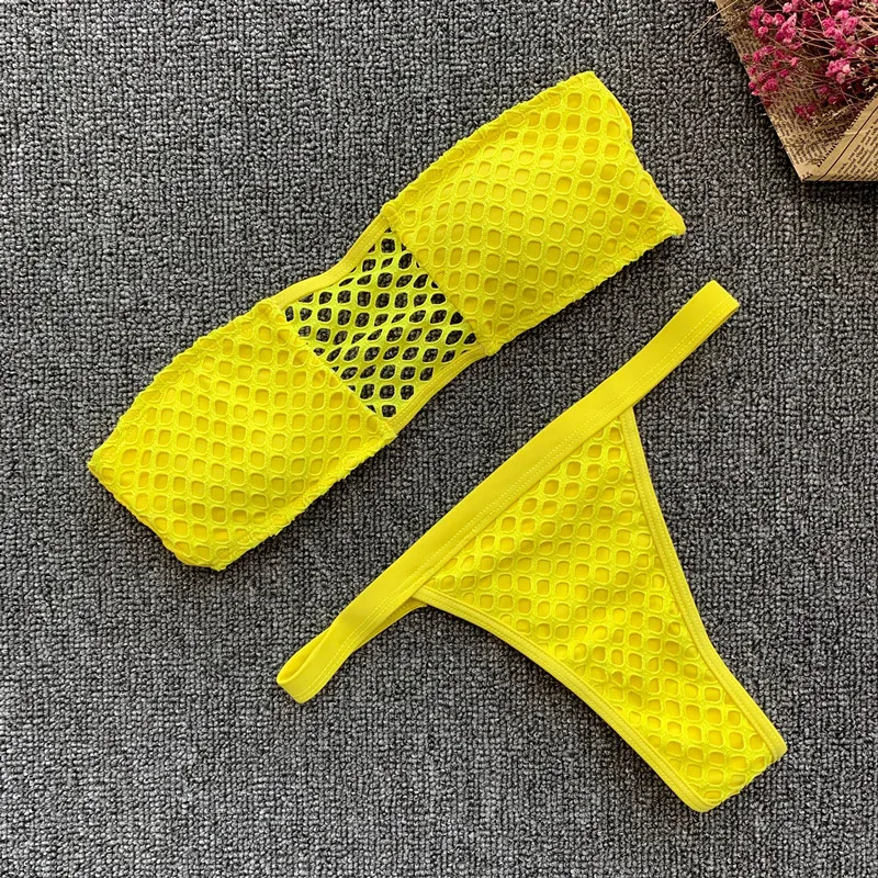 

2019 New Off Shoulder Mesh Bikini Set Women Strapless Mesh Push Up Padded Swimwear Cut Out Brazilian Bathing Suit Thong Swimsiut