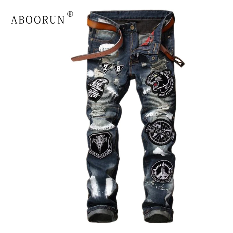 ABOORUN Punk Tiger Embroidery Jeans Men's Painted Ripped Jeans Brand