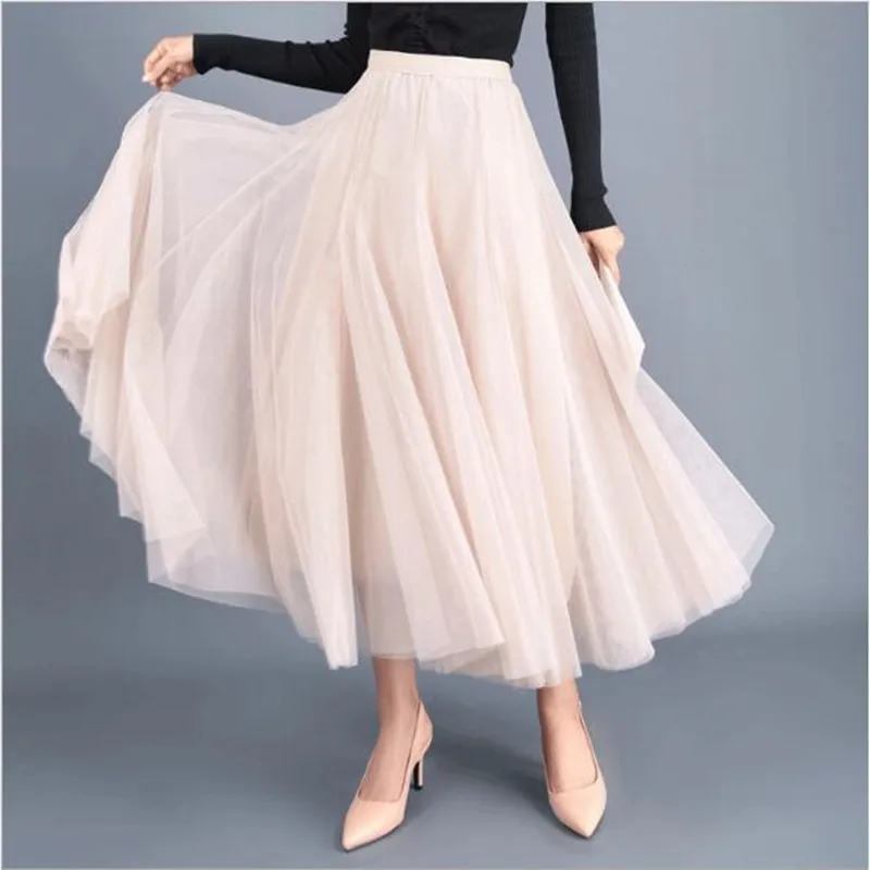 Осенняя Тюлевая юбка серого, коричневого, бежевого, розового, черного цвета, длинные юбки, женская элегантная юбка макси QV616