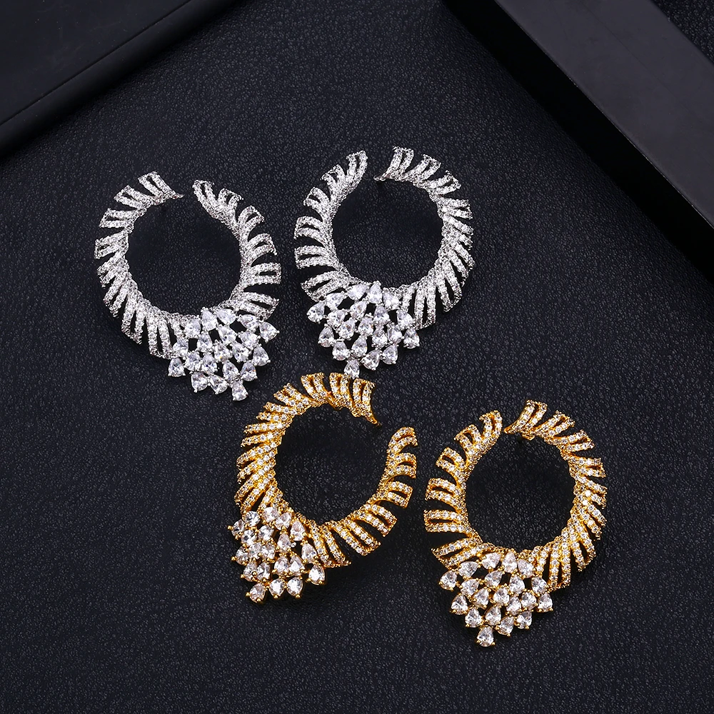 

jankelly Angel Luxury Curved Wheat Flower Leaf Full Mirco Pave Cubic Zircon Women Wedding Sterling Gold Earring Jewelry Party