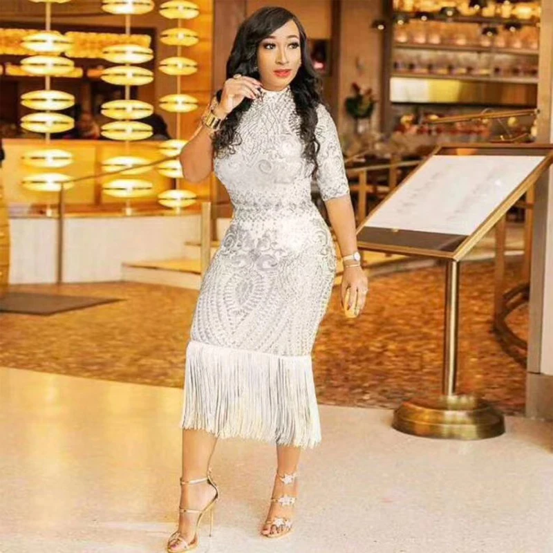

Elegant White Tassel Celebrity Party Dress Women Vestido 2019 New Arrive Short Sleeve Bodycon Midi Sequin Summer Dress Drop Ship