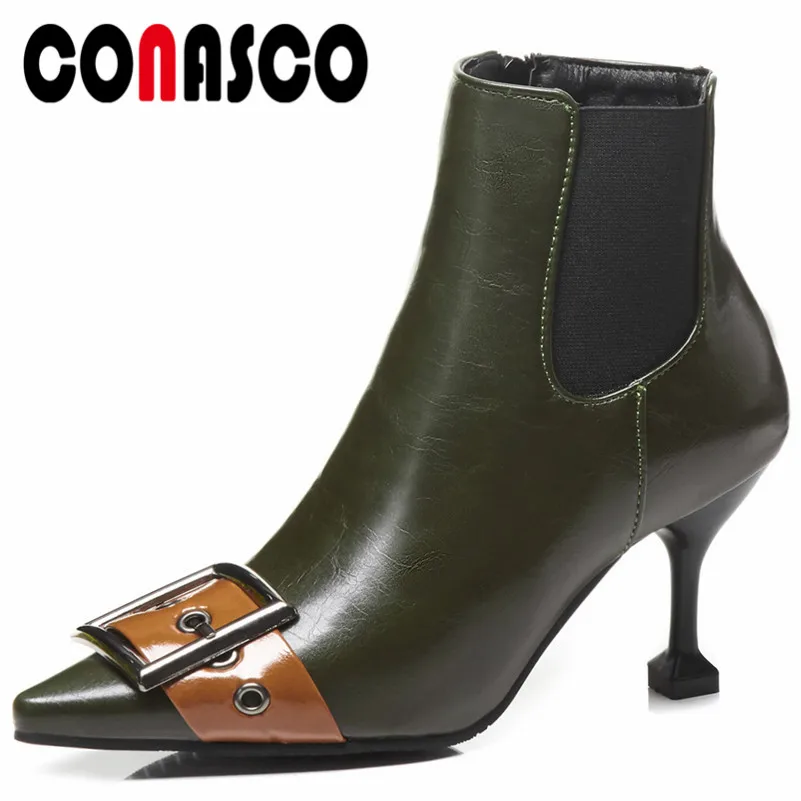 верхний CONASCO мода пряжки ботильоны на высоком каблуке Острый носок
вечерние Женская обувь для танцев 2019 Новое поступление Короткие Basic
Boots Обзор