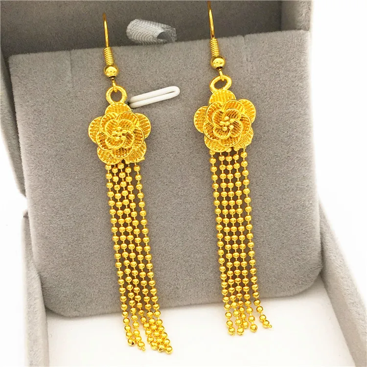 

Pure Gold color long drop earrings, Fashion Jewelry Big rose flower Pendant Statement Earrings for Women Gifts Wedding Accessory