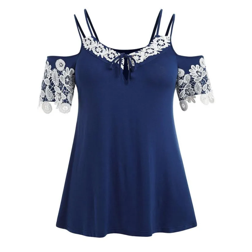 Mujeres más tamaño L-4XL blusa moda frío hombro costura de encaje 1/2 manga insertar Top blusa Casual o-cuello Ropa Mujer Verano Mujeres más tamaño L-4XL blusa moda frío hombro costura de encaje 1/2 manga insertar Top blusa Casual o-cuello Ropa Mujer Verano