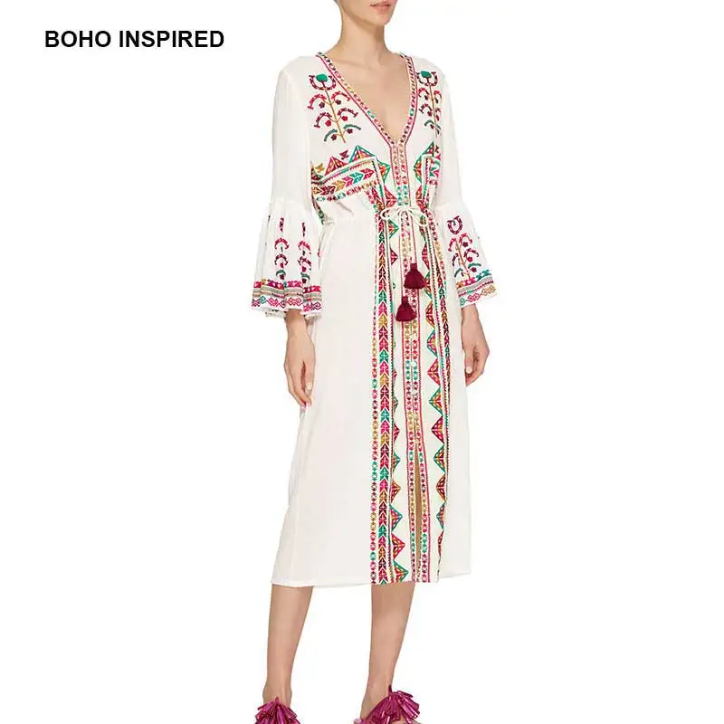 white tasseled embroidered midi dress