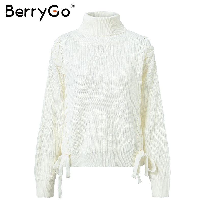 BerryGo Side cross lace up women sweater 2018 Elegant white sweaters pullover female Casual loose autumn winter jumpers sweaters BerryGo Side cross lace up women sweater 2018 Elegant white sweaters pullover female Casual loose autumn winter jumpers sweaters
