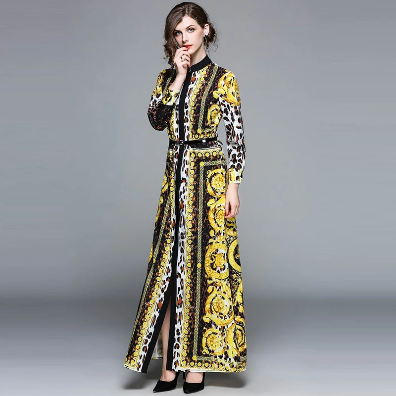 

New 2018 Temperament Casual Summer Style Stand Collar Long Dresses Women's Clothing Leopard Printed Floor Length Dresses Vestido