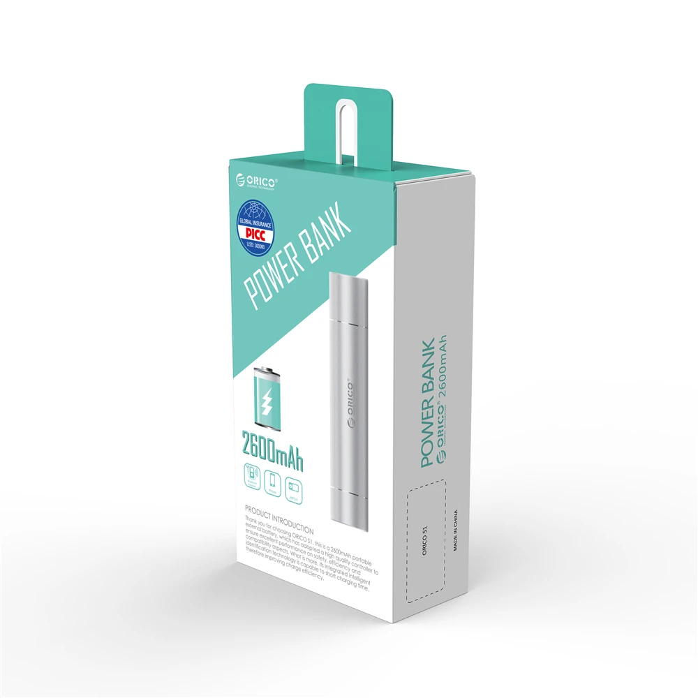 ORICO 2600mAh Premium Aluminum Ultra Slim Lipstick-Sized Portable Charger Power Bank Backup Battery Pack with Flashlight