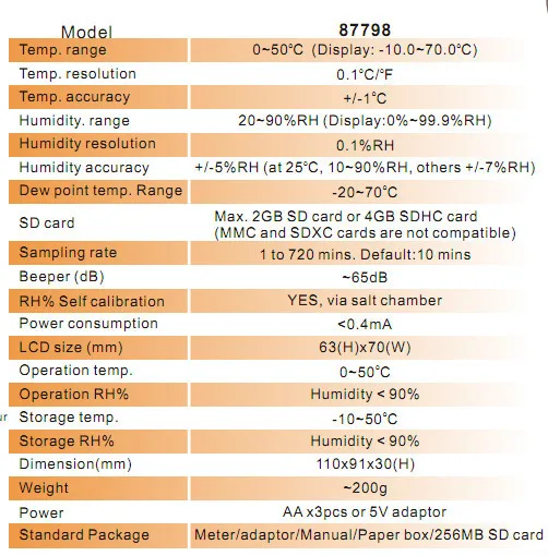 AZ87798 Desktop Dew Point Humidity Temperature Tester,87798 Dew Point SD Card Logger