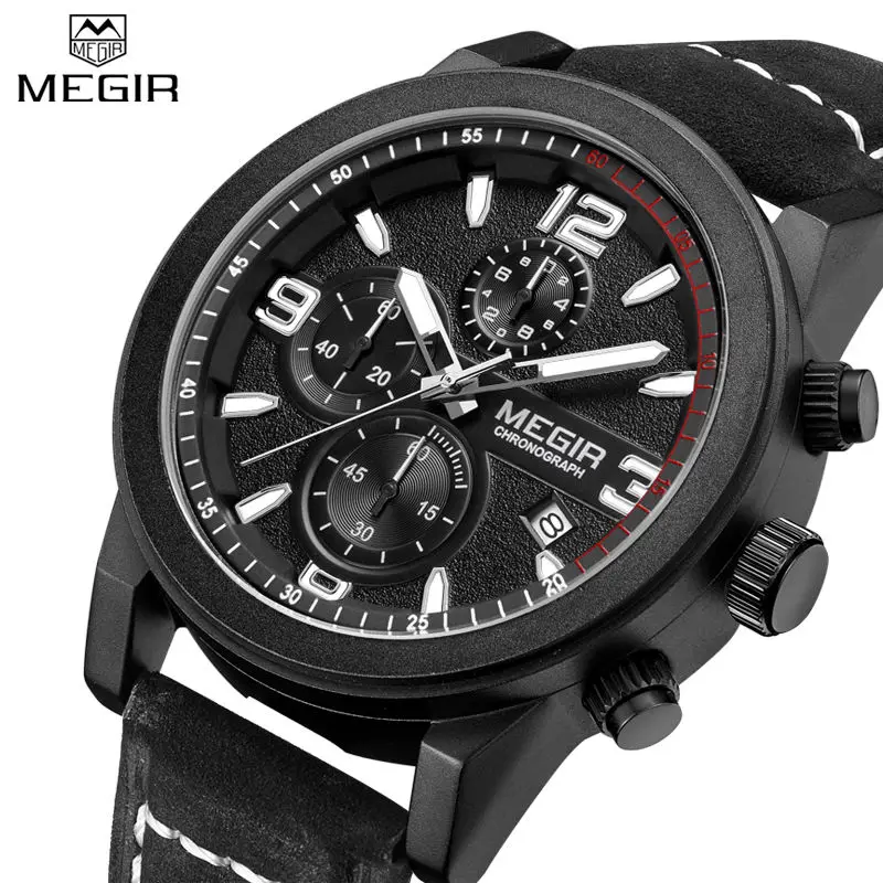 Prix pour Megir hommes de casual montres chronographe et lumineux gravé cadran noir en cuir hommes quartz-montre Prix pour Megir hommes de casual montres chronographe et lumineux gravé cadran noir en cuir hommes quartz-montre