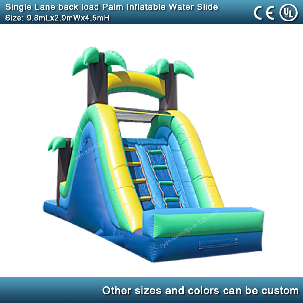 32ft single lane tropical style green palm inflatable water slide with pool for adults kids commercial inflatable wet slide back