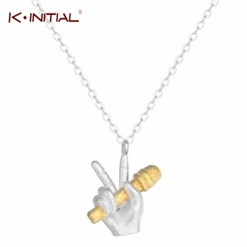 1Pcs Fashion 925 Silver Jewelry Microphone Gesture Necklace Pendant Victory Gesture Charms Statement Necklaces Drop Shipping