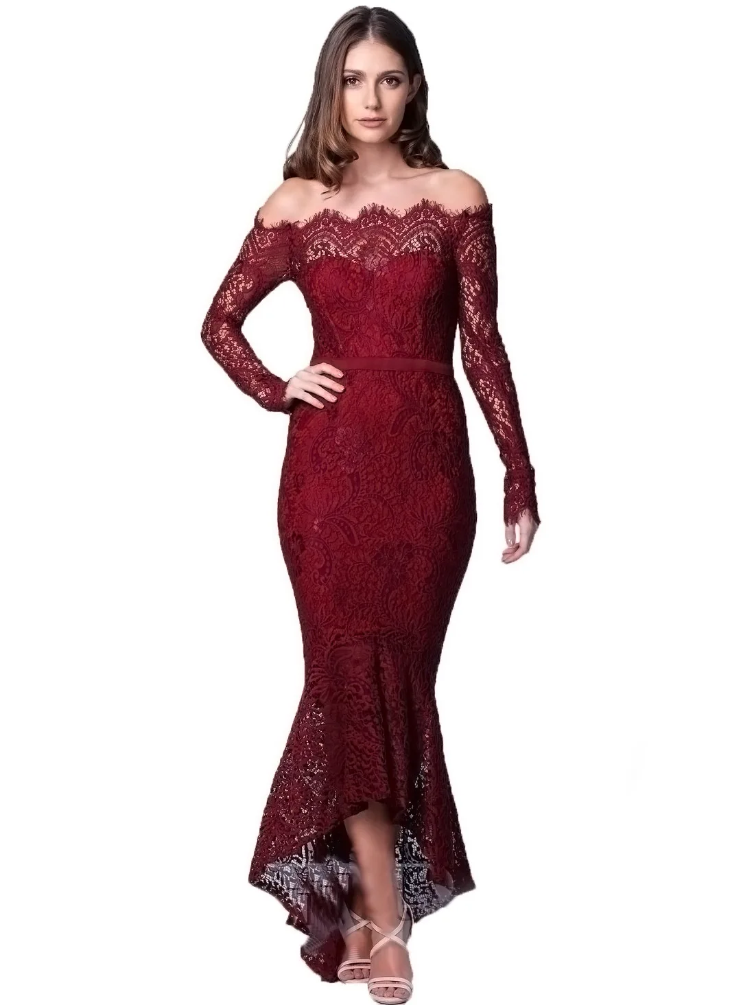 

spring autumn party lace trumpet solid woman dresses sweet lace off shoulder neckline mermaid body con female banquet dresses