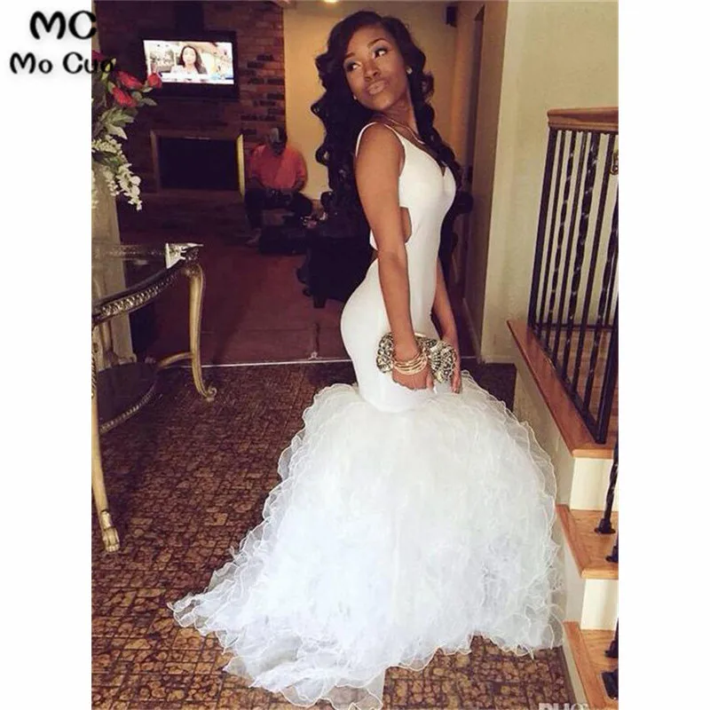ELEGANT MERMAID WHITE V NECK PROM DRESSES FOR WOMEN