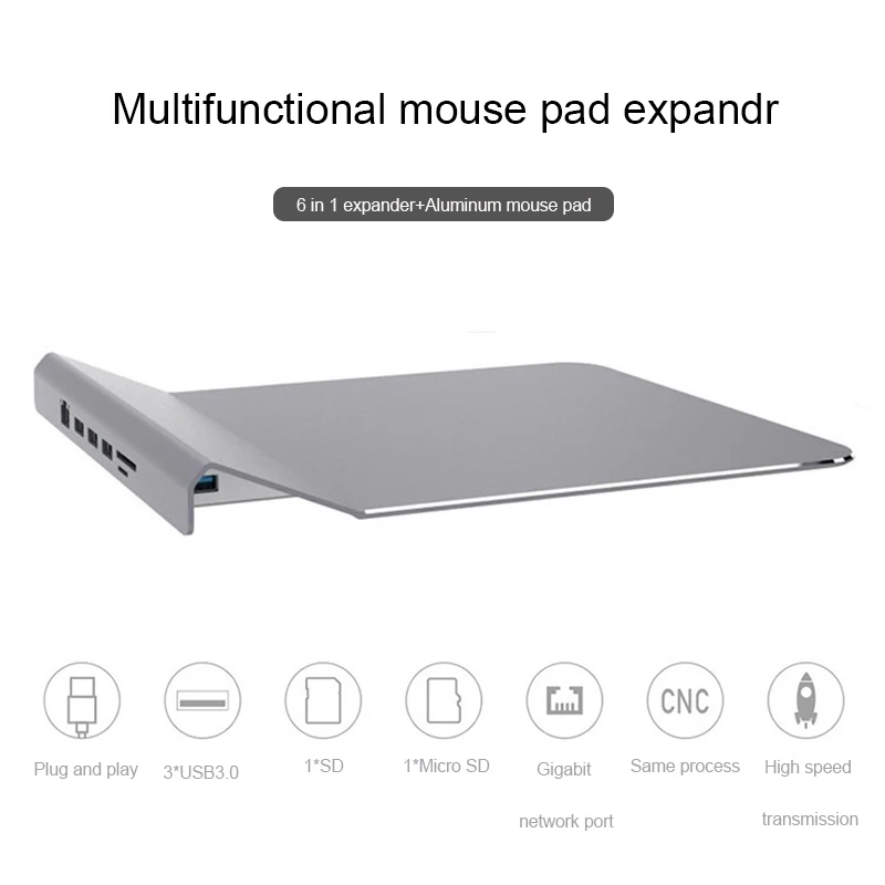 

Ingelon 6 In 1 USB HUB Docking with SD/micro Sd+3*usb3.0+rj45 To Multi-function Aluminum Alloy Mouse Pad USB-c Hub for Macbook