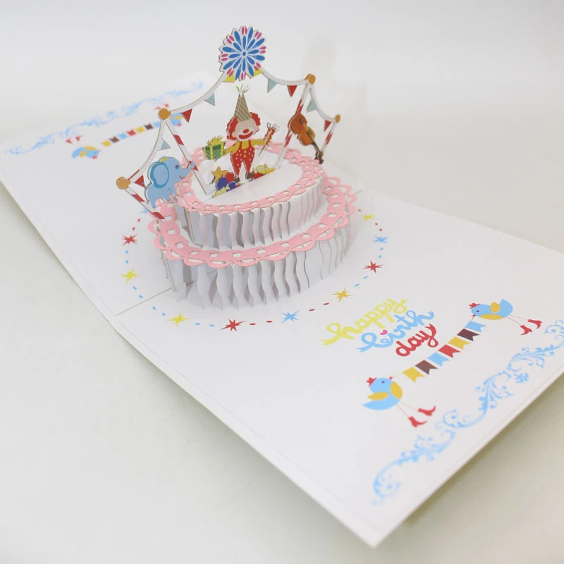  3D Handmade Rainbow Color Cartoon Amusement Park Clown Cake Paper Greeting Cards + Envelope Kids Ha - 33014494082