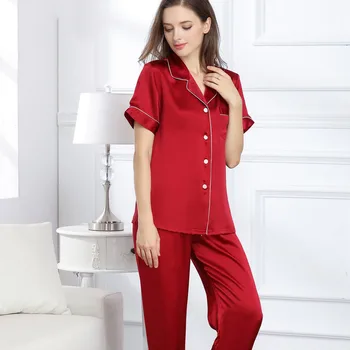 

CEARPION Vintage Red Bride Wedding Home Clothes Summer Short Sleeve Pajamas Suit Women 2pcs Shirt+pant Sleep Wear Silk Nightwear