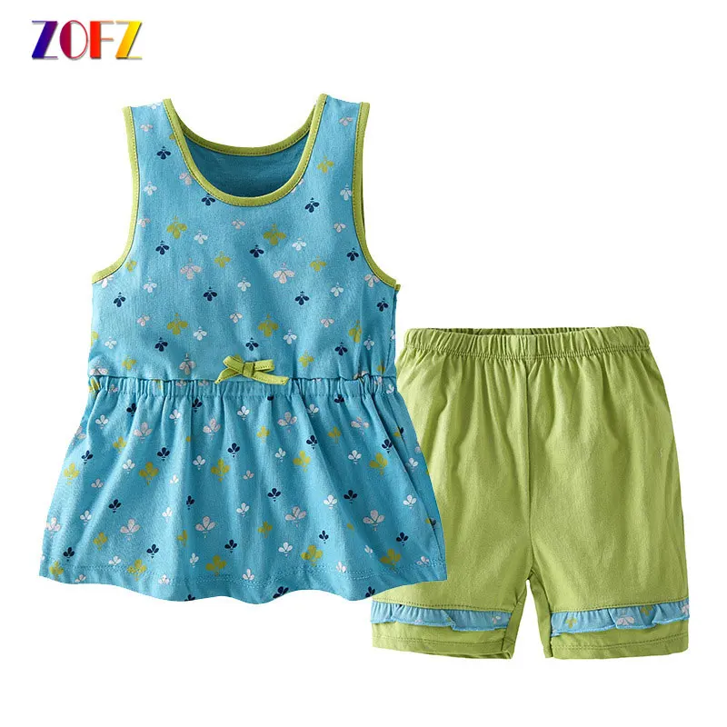 ZOFZ Kids Clothes Print Sleeveless Tops and Solid Shorts 2PCS Cotton