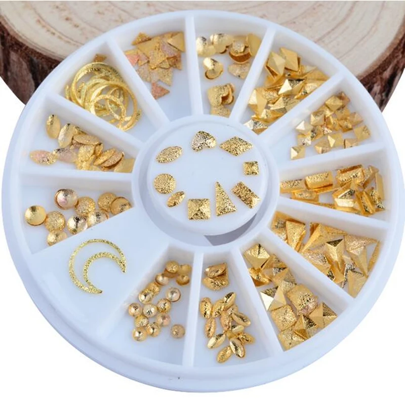 

Nail Art Studs Wheel Gold Matte Scrub 3D Tips Metal Square Triangle Circle Heart Decoration Accessories 12 Style Manicure Tools