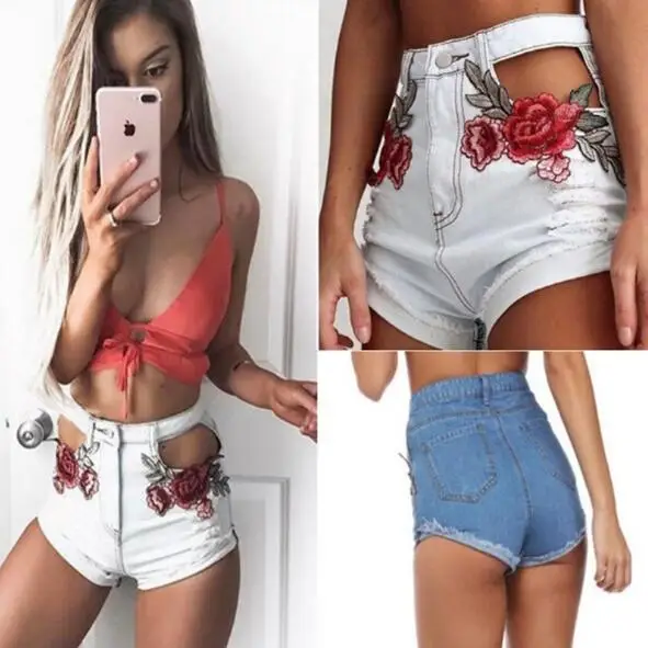 

New Hot Hollow Out Jeans Shorts Women Rose Embroidery Sexy White Ripped Denim Pantalones Summer High Waist Short Pants Female