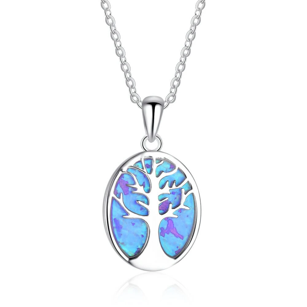 Дерево жизни Голубой опал круглый маленький кулон ожерелье серебряного цвета Bijoux Collier ожерелье s для женщин ювелирные изделия подарки дропшиппинг