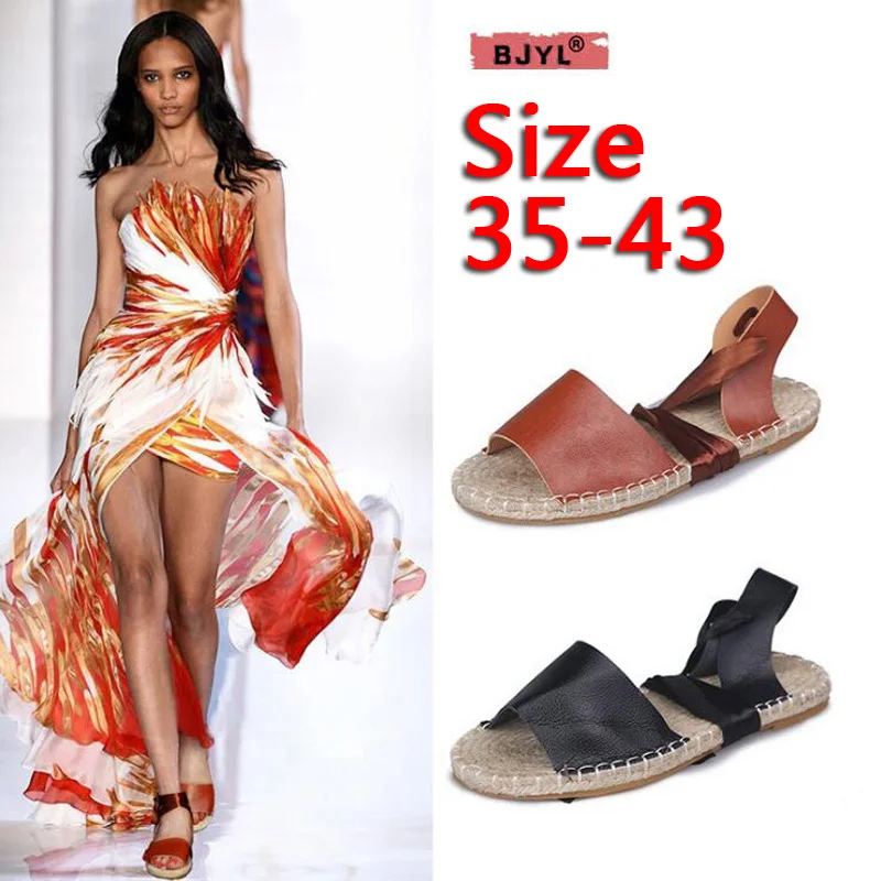 

BJYL women shoes sandals 2019 strappy sandals for women fashion straw braided flat flats large size fish bill sandals for women