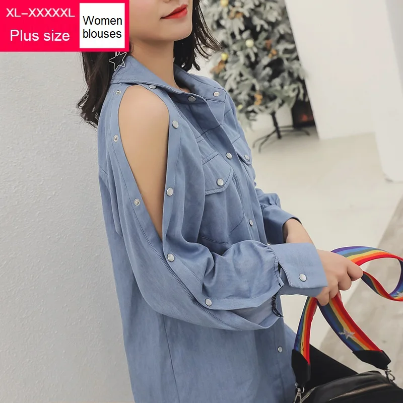 

2019 Fashion Long Sleeve women blouses plus size new spring XL tencel denim shirt