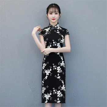 

Shanghai Story Long Chinese style dress Faux Silk Black cheongsam Embroidery Qipao chinese traditional clothing for women