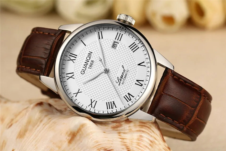 GUANQIN Mens watch Luxury Automatic Watch Men Mechanical Movement Wristwatches Waterproof Watches Top Brand White Day Display