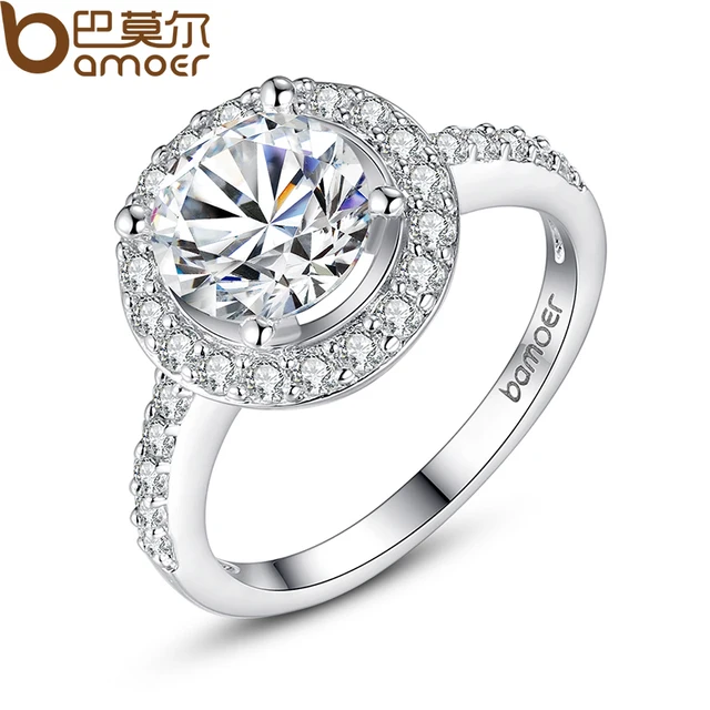 BAMOER White Gold Color Ring With Carat Zircon 1CM Luxury Wedding Ring for Women BAMOER White Gold Color Ring With Carat Zircon 1CM Luxury Wedding Ring for Women