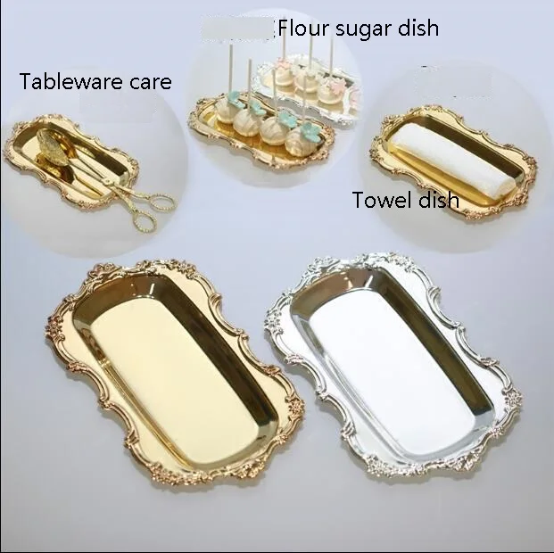 

Silver Gold Dish Plates Cake Serving Tray Carved Edge Wedding Decor Dessert Tray Stainless Steel Dishes