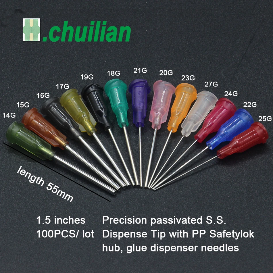 100pcs/lot length 55mm Precision passivated S.S. Dispense Tip with PP Safetylok hub, glue dispenser needles