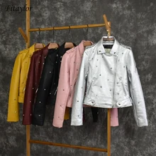 Fitaylor мотоциклетная кожаная куртка женская куртка из искусственной кожи Верхняя одежда тонкая байкерская куртка с вышивкой уличная верхняя одежда с заклепками