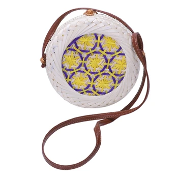 

New Fashion Women Summer Rattan Bags Round Straw Bags Circle Handwoven Bali Round Retro Rattan Straw Beach Bag Crossbody Yello