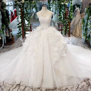 

HTL407 princess Wedding Dress with train o-neck sleeveless see-through back handmade puffy fairy wedding gown trajes de novia