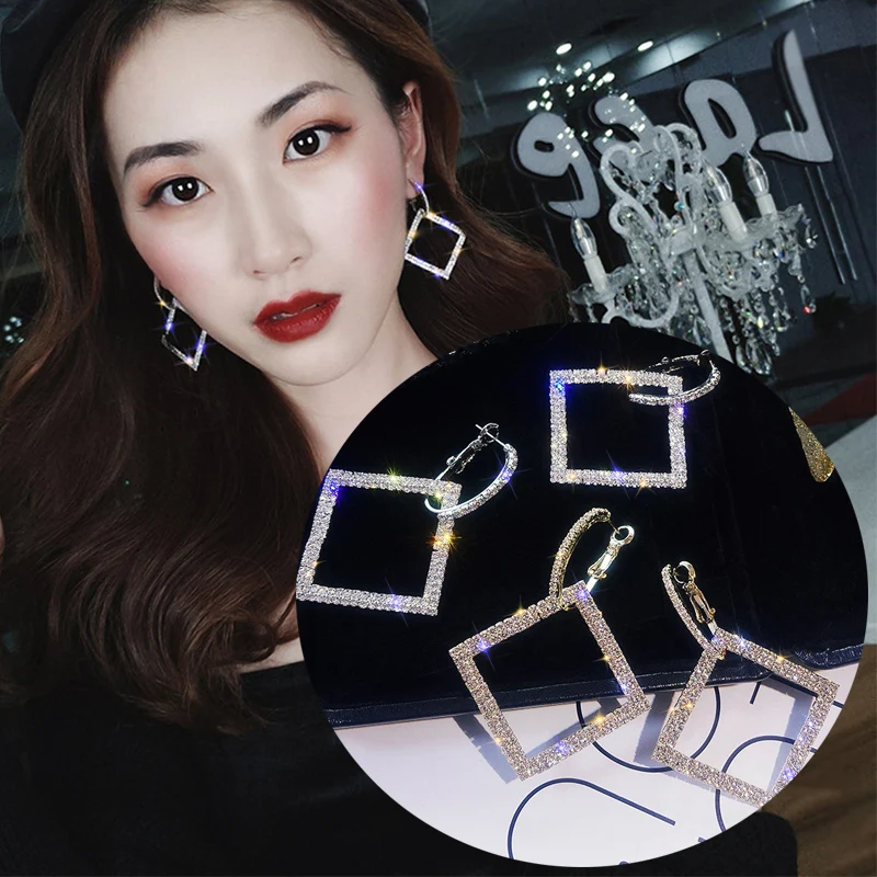

Charm Gold Silver Geometric Drop Earrings Shining Rhinestones Square Drop Dangle Earrings for Women Girls Wedding Party Jewelry