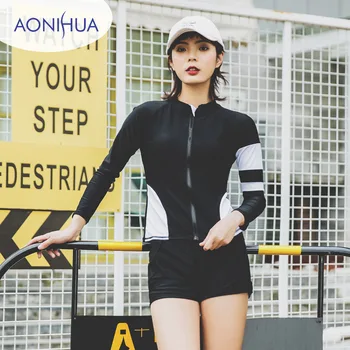 

AONIHUA Three Piece Swimsuits Women Vintage Palm wave Print Long sleeve Swimwear female Retro Surfing zipper Bathing Suit