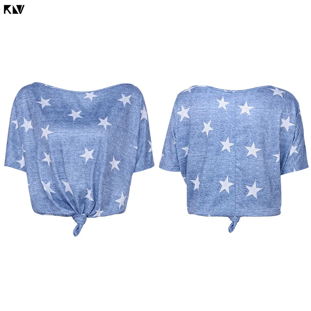 KLV женская летняя футболка с принтом со звездой и галстуком-бабочкой с коротким рукавом, Повседневная футболка, топы, Женская свободная футболка - Цвет: Синий