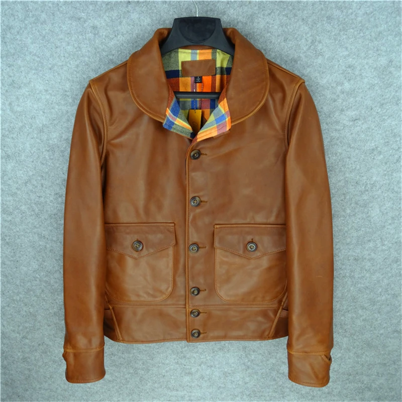 

men's genuine cow leather cossack jacket motorcycle slim vintage genuine cowhide leather rider jacket