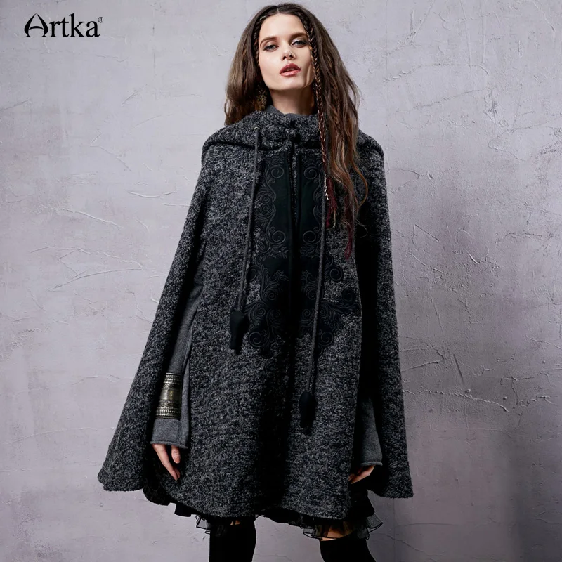 ARTKA de invierno de las mujeres nuevo Vintage lana cálida Sudadera con capucha capa abrigo bordado de la gota-hombro manga Cabo de lana prendas de vestir exteriores WA10220D - 2