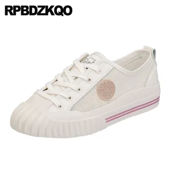 

lace up comfy mesh 2019 yellow creepers platform shoes brand designer white trainers breathable flats round toe sneakers women